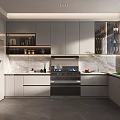 Modern Kitchen With Gray Cabinets Marble Countertop Wine Fridge And Appliances
