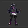 Futuristic Cyberpunk Character With Neon Green Eyes Glowing Tech Backpack Dark Coat Purple Accents