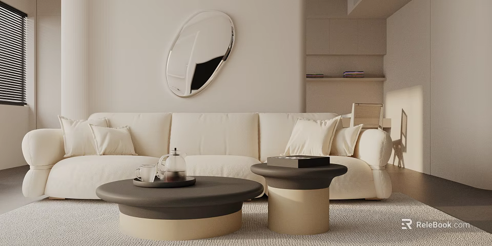 Three-Seater Beige Sofa in Light Colored Living Room with Round Mirror and Black Coffee Tables 3d model 