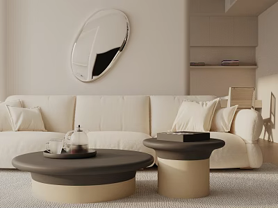 Three-Seater Beige Sofa in Light Colored Living Room with Round Mirror and Black Coffee Tables 3d model