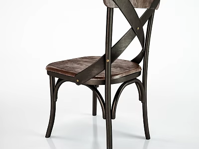 Modern Industrial Dining Chair With Brown Leather Seat And Cross Black Metal Frame 3d model
