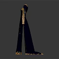 Navy Blue Long Dress With Gold Decorative Trim And Button Details