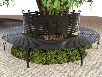 Circular Tree Pit With Black Metal Bench Surrounding Trunk And Green Vegetation On Paved Ground 3d model