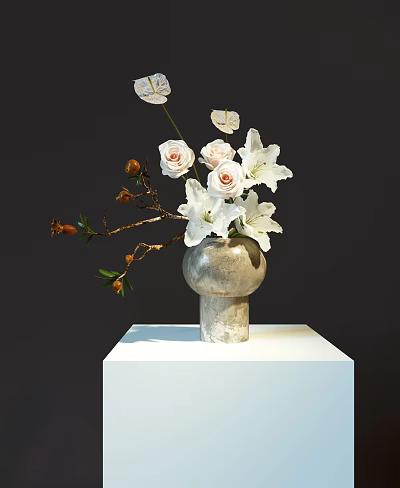 Decorative Ornament Set With Stone Textured Vase White Lilies Pink Roses On White Pedestal 3d model