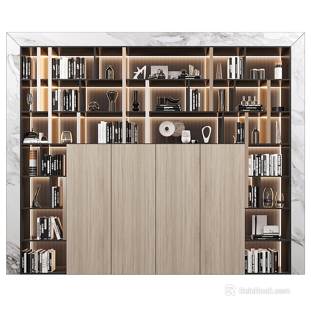 Modern Wooden Storage Cabinet Shelf With Books Decorations And Marble Background 3d model 