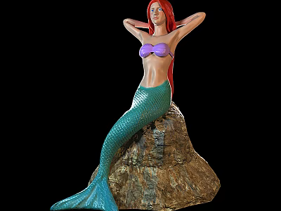 Detailed Mermaid Statue Sitting On Rock With Red Hair Purple Top And Green Tail 3d model