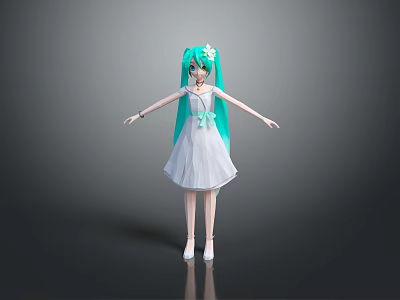 Anime Style Game Movie Character With Turquoise Twin Ponytails White Dress And Flower Accessory 3d model