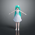 Anime Style Game Movie Character With Turquoise Twin Ponytails White Dress And Flower Accessory