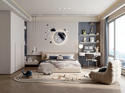 Modern Bright Kids Room Interior With Moon Star Decor Bed Bookshelf And Cozy Chair 3d model