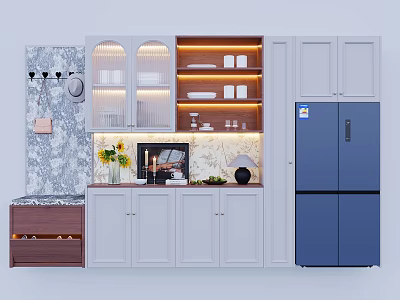 Modern Sideboard With Glass Door Cabinets Built In Lighting Blue Refrigerator And Sunflower Vase 3d model