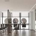 Modern Beauty Salon Interior Design With Round Mirrors Black Salon Chairs And Lighting