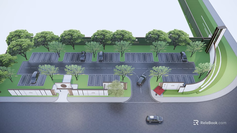 Parking Lot Design With Green Trees Vehicles And Surrounding Road 3d model 
