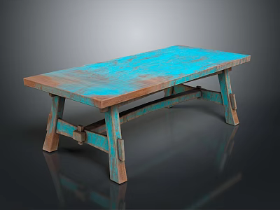 Turquoise Top Wooden Table With Distressed Finish And Unique Leg Design 3d model