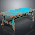 Turquoise Top Wooden Table With Distressed Finish And Unique Leg Design