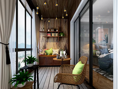 Relaxing Villa Balcony With Rattan Chair Hanging Lights Green Plants And Wooden Floor 3d model