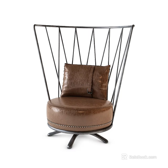 Modern Brown Leather Single Sofa with Black Metal Frame and Decorative Lines 3d model 