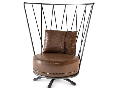 Modern Brown Leather Single Sofa with Black Metal Frame and Decorative Lines 3d model