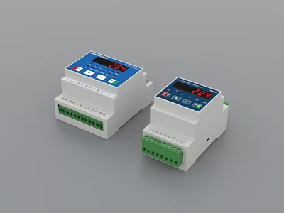 Two White Electronic Control Devices With Digital Display Buttons And Green Terminals 3d model