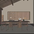 Traditional Tea Room Interior With Wooden Ceiling Beams Long Table Chairs And Natural Light