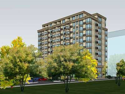 Modern Residential Building Exterior With Greenery Trees And Parked Cars 3d model