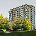 Modern Residential Building Exterior With Greenery Trees And Parked Cars