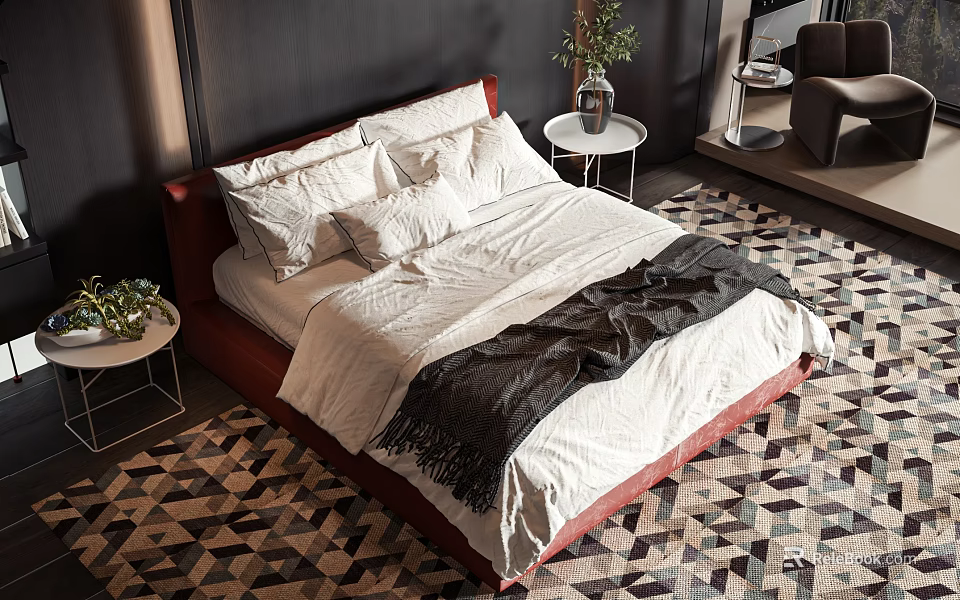 Modern Double Bed With Red Headboard White Bedding And Black Throw Blanket On Geometric Rug 3d model 