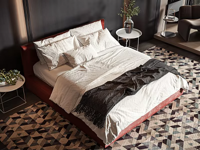 Modern Double Bed With Red Headboard White Bedding And Black Throw Blanket On Geometric Rug 3d model