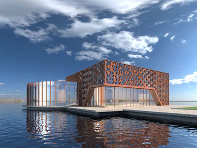 Modern Sales Office Building On Water With Glass Curtain Walls Perforated Exterior And Water Reflection 3d model