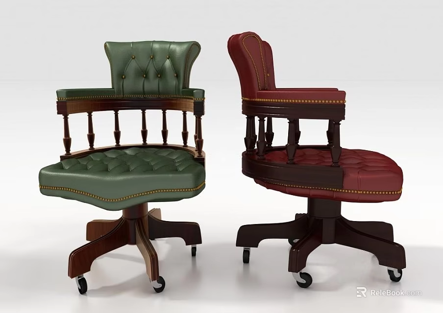 Classic Leather Office Chairs With Padded Seats Green And Red Wooden Bases And Wheels 3d model 