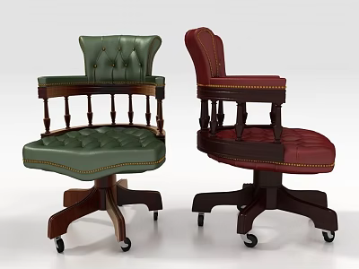 Classic Leather Office Chairs With Padded Seats Green And Red Wooden Bases And Wheels 3d model