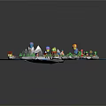 Colorful Playful Cartoon Scenery With Islands Mountains Hot Air Balloons Lighthouse Bridge Pathway Cottages Trees