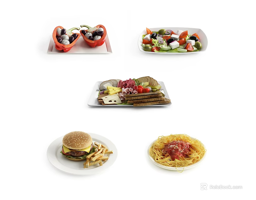 Assorted Delicious Food Plates Featuring Stuffed Bell Peppers Fresh Salad Sandwiches Hamburger Fries and Spaghetti 3d model 
