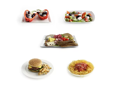 Assorted Delicious Food Plates Featuring Stuffed Bell Peppers Fresh Salad Sandwiches Hamburger Fries and Spaghetti 3d model