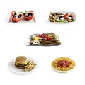 Assorted Delicious Food Plates Featuring Stuffed Bell Peppers Fresh Salad Sandwiches Hamburger Fries and Spaghetti