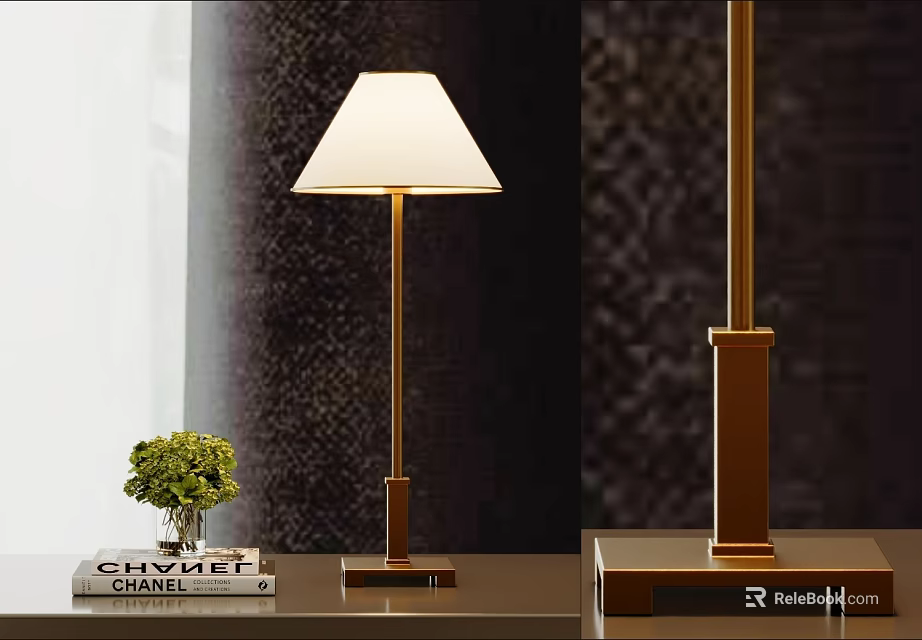 Modern Table Lamp With Metal Pole Square Base White Lampshade Near Books And Potted Plant 3d model 