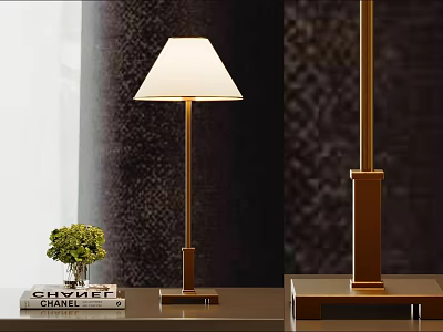 Modern Table Lamp With Metal Pole Square Base White Lampshade Near Books And Potted Plant 3d model