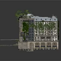 Detailed Ruined Building Structure With Green Plants Balconies And Stone Slabs
