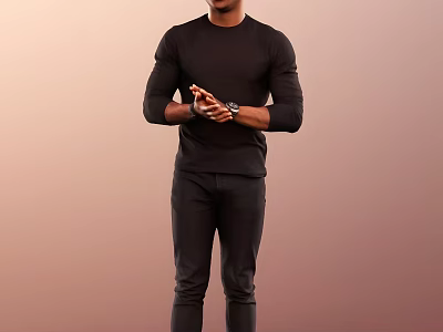 Man Wearing Black Long Sleeve Top Black Pants With Clasped Hands Wristwatch Gradient Brown Background 3d model