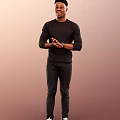 Man Wearing Black Long Sleeve Top Black Pants With Clasped Hands Wristwatch Gradient Brown Background