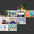 Cartoon Style Multi Level House with Various Rooms and Playground Elements Like Slide
