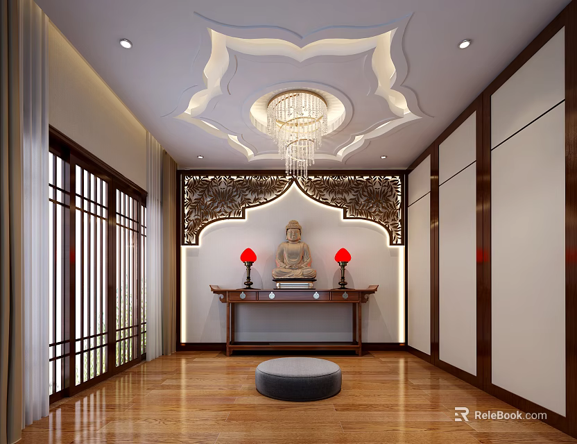 Buddhist Religious Shrine Interior With Buddha Statue Red Lamps Carved Altar And Chandelier 3d model 
