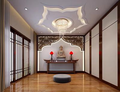 Buddhist Religious Shrine Interior With Buddha Statue Red Lamps Carved Altar And Chandelier 3d model