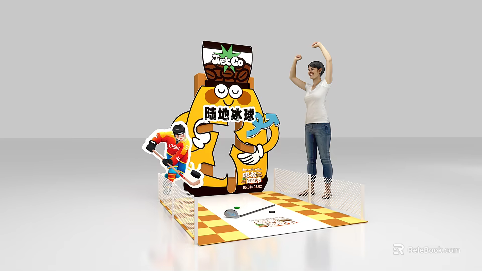 Land Hockey Interactive Zone With Cartoon Mascot and Player Engagement Setup 3d model 