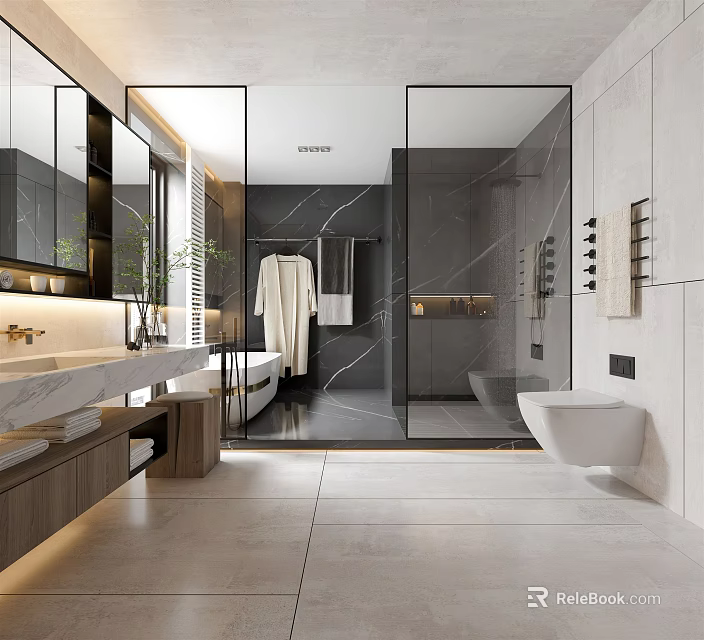 Modern Luxury Bathroom Interior with Marble Walls Glass Shower and Freestanding Bathtub 3d model 