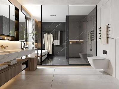 Modern Luxury Bathroom Interior with Marble Walls Glass Shower and Freestanding Bathtub 3d model