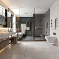 Modern Luxury Bathroom Interior with Marble Walls Glass Shower and Freestanding Bathtub