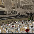 Luxury Spacious Banquet Hall With Unique Ceiling Decor And Elegantly Arranged Round Dining Tables
