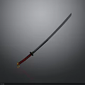 Shiny Samurai Sword Featuring Black Blade And Red Decorated Handle On Gray Background