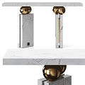 Elegant Light Wood Console Table With Golden Spheres And Marble Pedestals