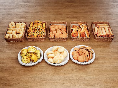 Assorted Baked Goods Displayed On Wooden Surface In Baskets And Plates 3d model